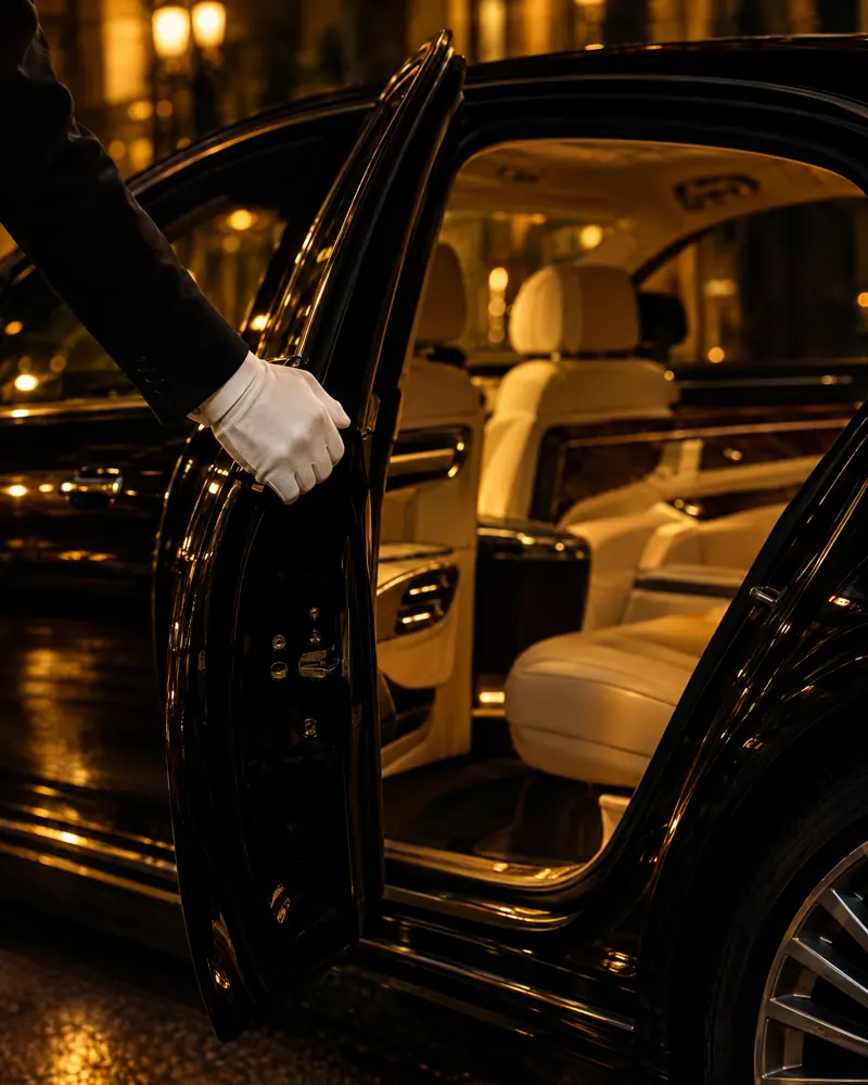 Chauffeur's gloved hand holding open the rear door of a black sedan
