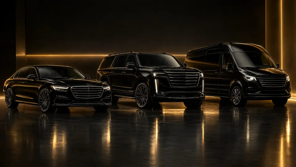 Levanta fleet: executive sedan, luxury SUV and executive van in a dark showroom