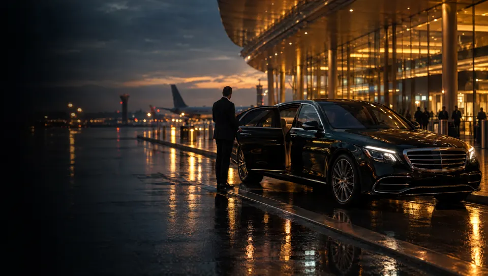Black Levanta sedan waiting at the airport terminal at dusk, chauffeur holding the rear door open